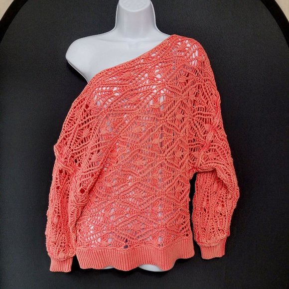 BKE Off Shoulder Washed Pointelle Sweater Women's Size Small Spiced Coral NWT - Picture 1 of 9